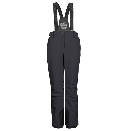 Black snow pants with suspenders on a white background