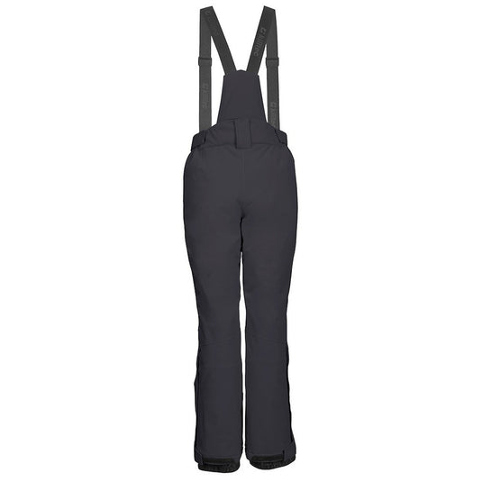 Black snow pants with suspenders on a white background
