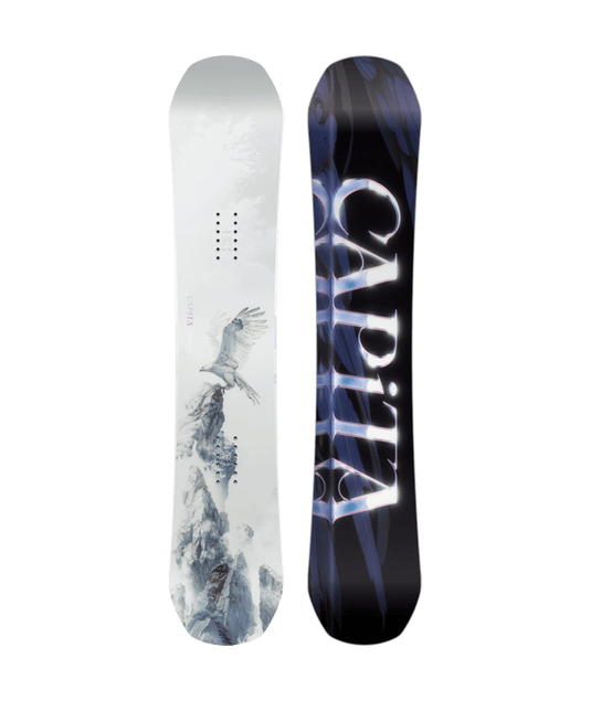 A Capita Women's Birds of a Feather Snowboard featuring a white base with a blue and black design, including the Capita logo.