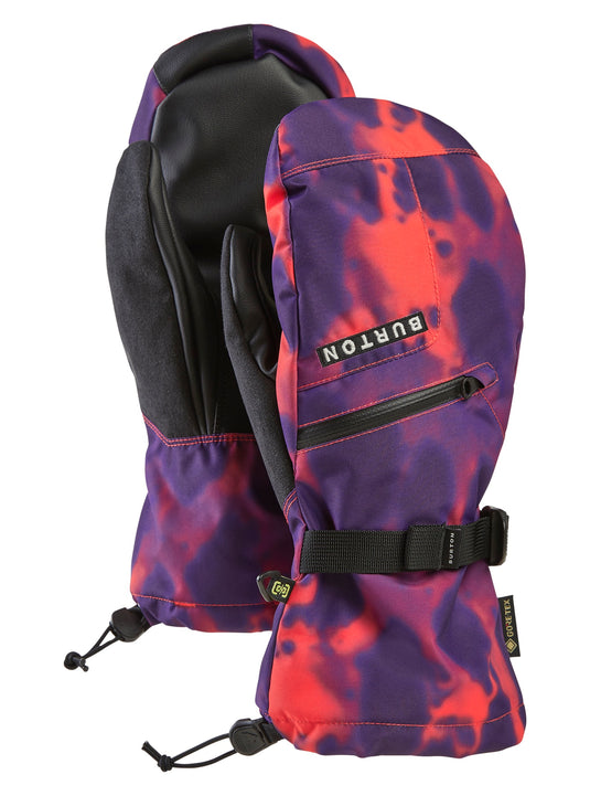 Purple and red snowboard gloves with Burton logo on a white background