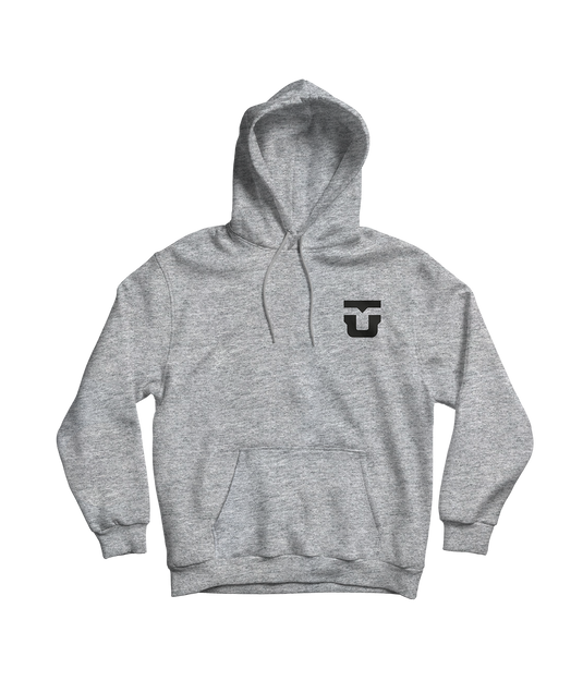A grey hoodie with a Union logo on the left chest and a front pouch