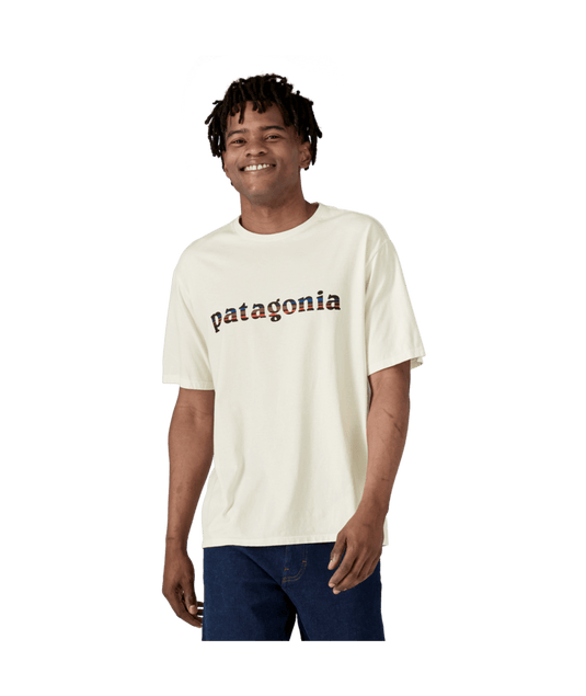 Person wearing a Patagonia t-shirt on a transparent background