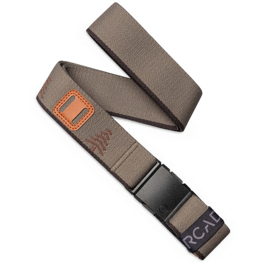 Brown belt with black buckle and orange leather tab on a white background