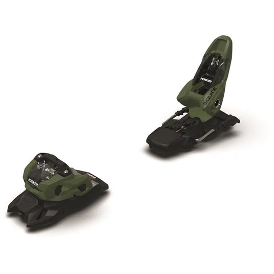 Marker Squire 11 GW ski bindings in army green and black displayed against a white background, showcasing the front and side views.