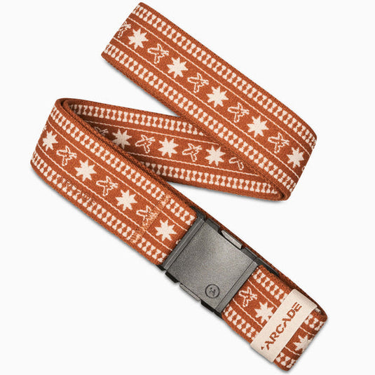 A brown belt with a contoured buckle and a pattern of stars and geometric shapes, featuring the Arcade brand label.