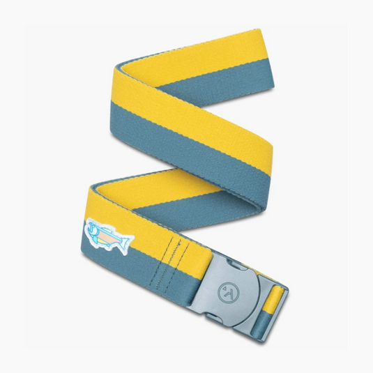 Yellow and blue striped Arcade belt with fish logo embroidered and metal buckle