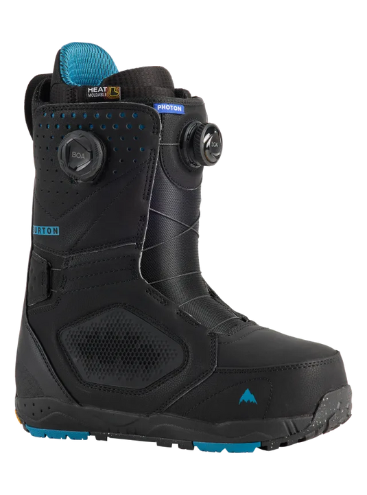 A pair of Burton Men's Photon BOA Snowboard Boots in black, blue  colors featuring the BOA lacing system.