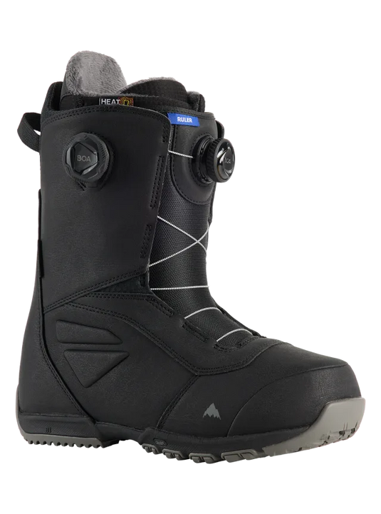 Burton Men's Ruler BOA Snowboard Boots in black and grey, featuring a dial-up BOA lacing system and a white sole.