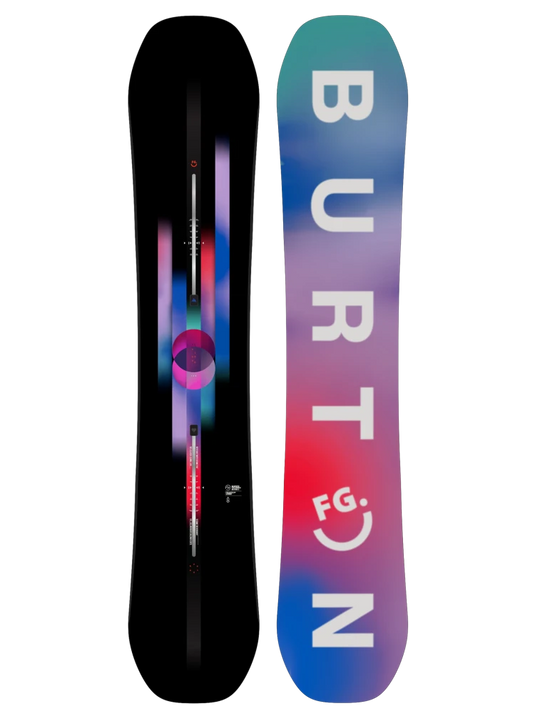 The image shows the top and bottom view of the Burton Women's Feelgood Snowboard 2025. The top view features the brand logo and the name 'Burton' in a large, bold font.