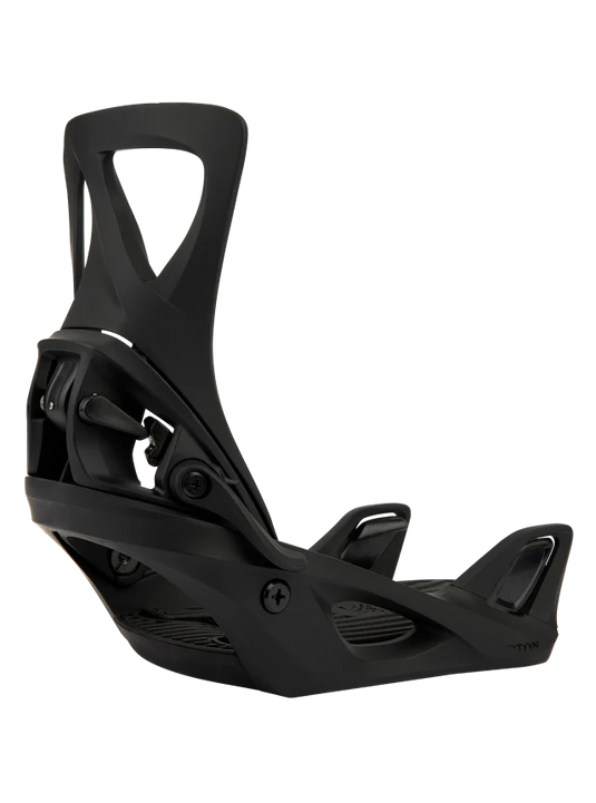 A black Burton Step On Re:Flex snowboard binding designed for women, featuring a simple three-point connection system.