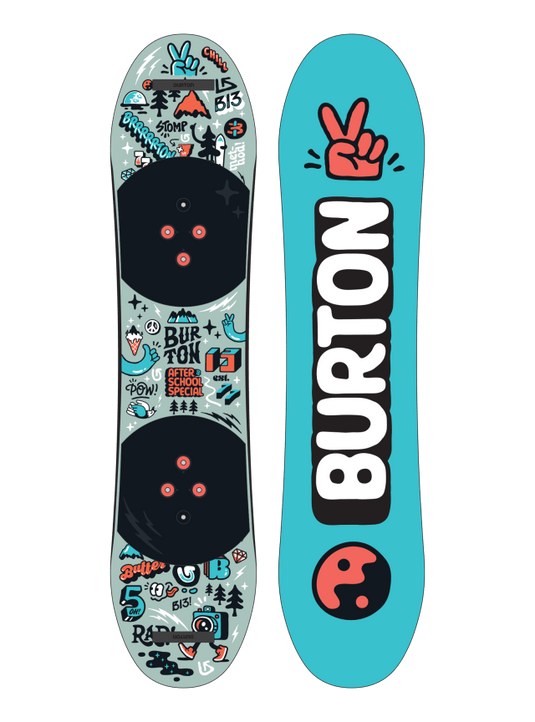 A kids' Burton snowboard with a colorful design featuring various characters and the brand's logo, along with the matching bindings.