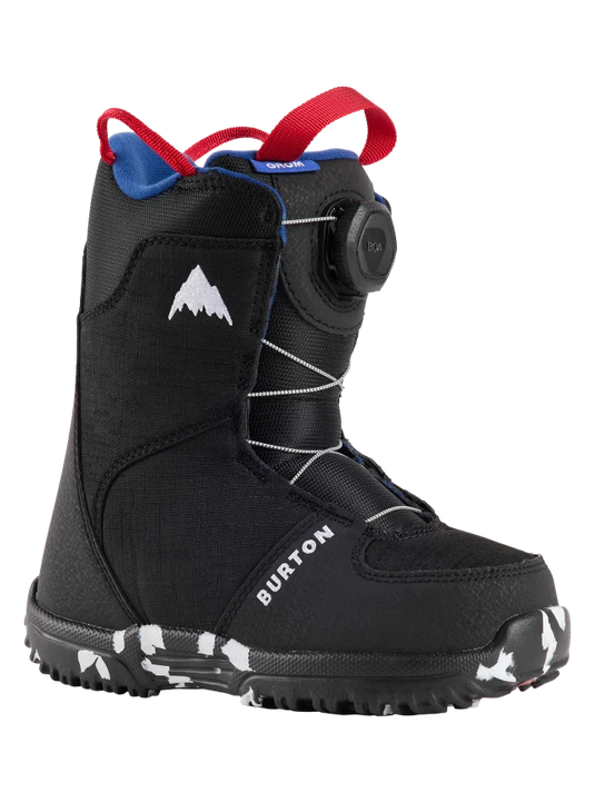 Kids' Burton Grom BOA Snowboard Boot in black with BOA lacing system and a blue tag, designed for a young shredder.