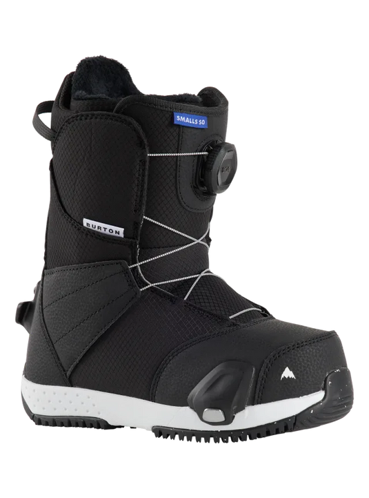 A kid's Burton snowboard boot with a black upper and white outsole featuring the Step On system and BOA lacing.