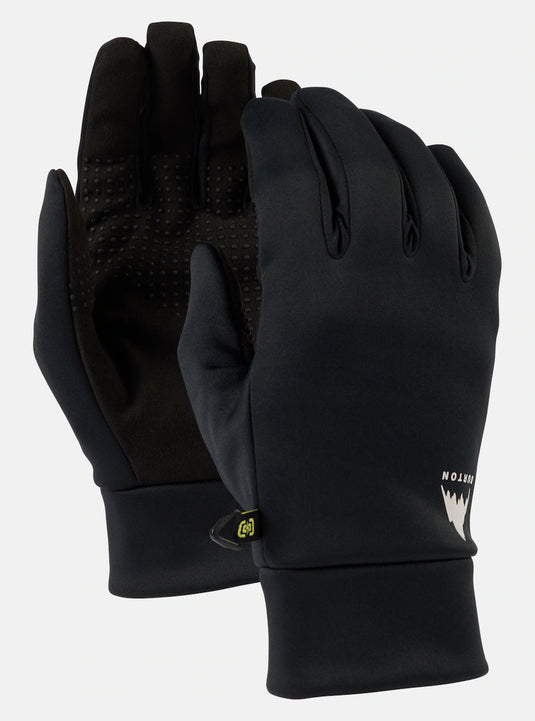 A pair of black Burton men's glove liners with silicone grip material on the palms.
