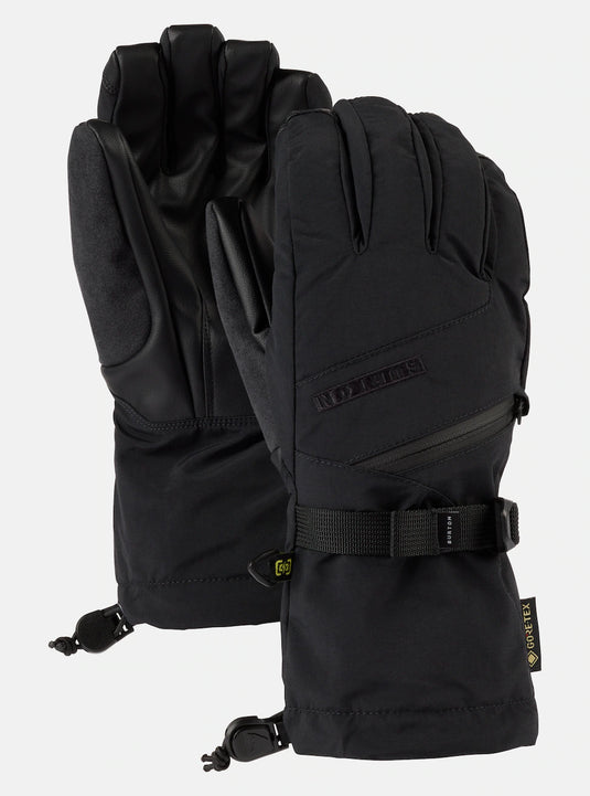 A pair of black Burton Women's GORE-TEX gloves featuring various features such as screen grab technology, ergonomic fit, and extended guantlet cuff.