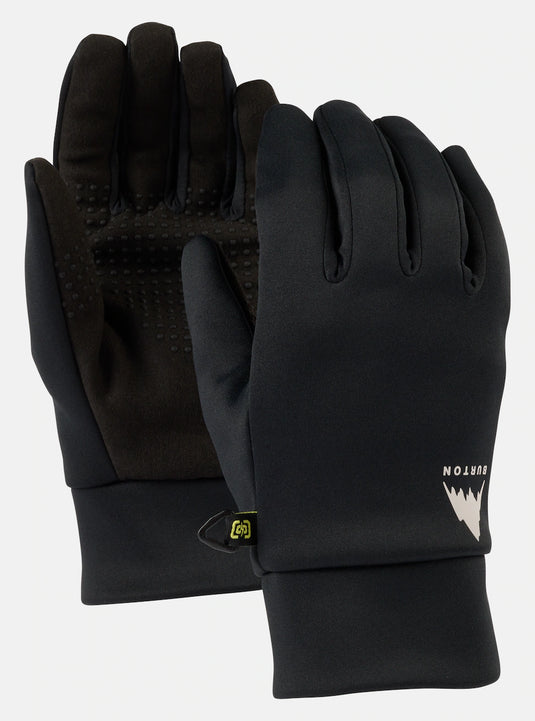 A pair of black Burton women's glove liners designed to be worn under gloves or as standalone wear, featuring silicone grip material on the palm.