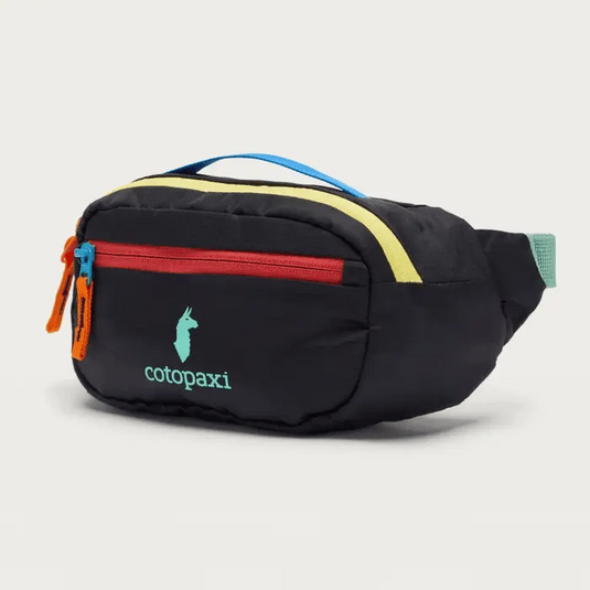 A black Cotopaxi Kapai 1.5L Hip Pack with multicolored trim and the brand logo visible on the side.
