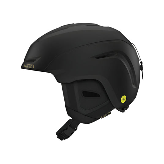 A black Giro Women's Avera Mips Helmet with adjustable straps and ventilation holes, designed for winter sports.