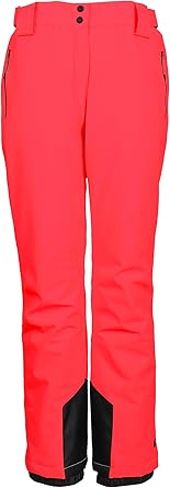 A pair of red Killtec women's ski pants with edge protection, snow guards, taped seams, and side adjusters at the waist.