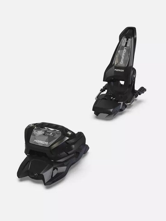 Marker Griffon 13 Ski Bindings, black color, designed for freeride skiing with features like Triple Pivot Elite toe and Inter Pivot 3 freeride heel.