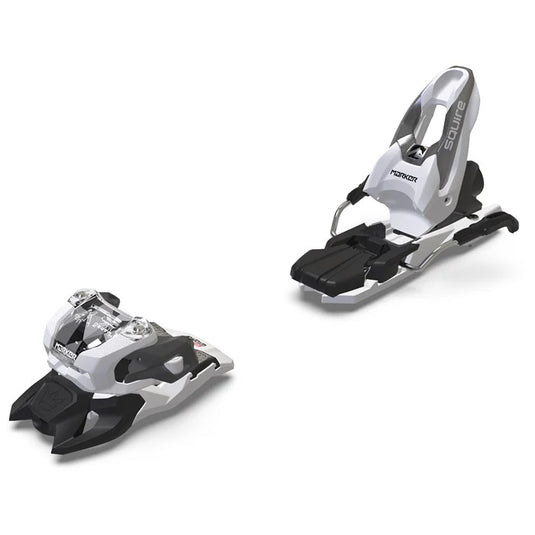 A pair of Marker Squire 10 ski bindings in black, gray, and white color scheme, featuring a lightweight design with a Triple Pivot Light toe and Compact 3 heel technology.