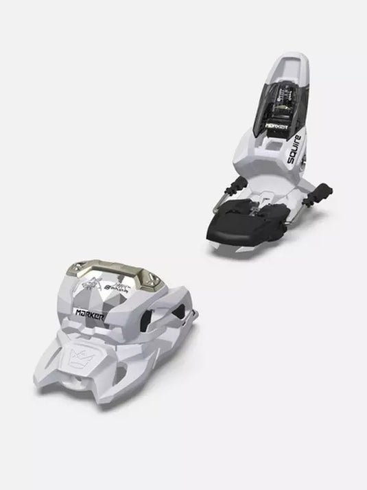 Marker Squire 11 Ski Bindings, featuring a white and black color scheme, designed for freeride and freestyle skiing.