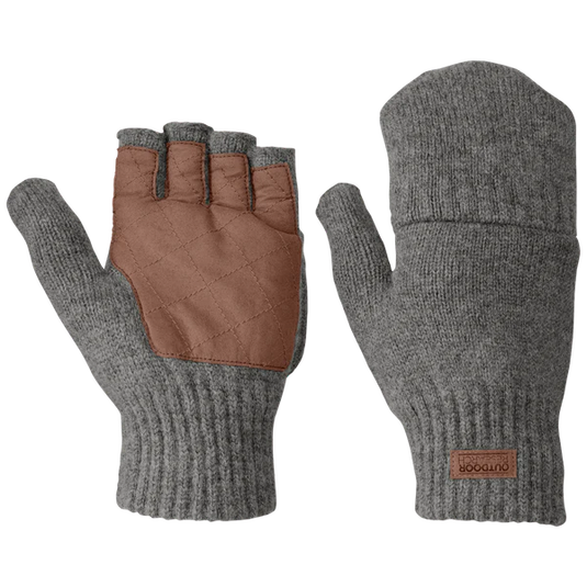 Pair of gray gloves with brown leather accents on a white background