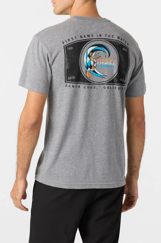 A gray O'Neill t-shirt with a graphic print in the center, displayed on a male model.