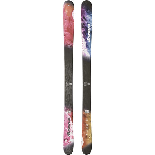 Nordica Unleashed 90 Skis 2026 with a design that has a black base color and features a colorful, floral pattern along the length of the skis.