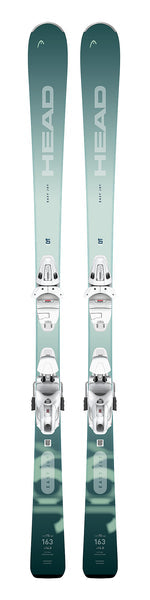 Pair of green skis with HEAD branding on a white background