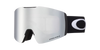 White goggles with black strap featuring a logo on a white background