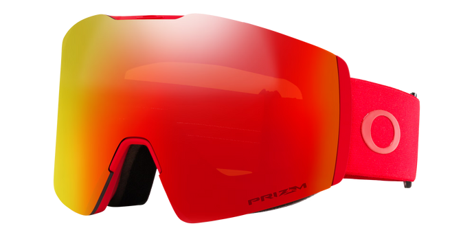 Red goggles with a Prizm lens on a white background
