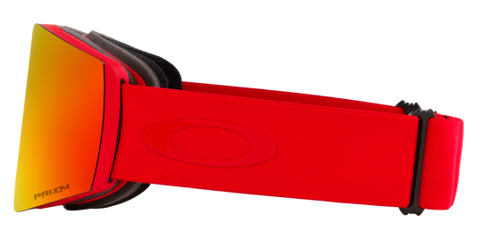 Red goggles with a reflective lens on a white background