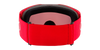 Red goggles with a clear lens on a white background