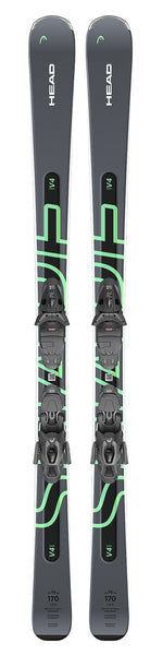 Pair of gray skis with green accents and bindings on a white background