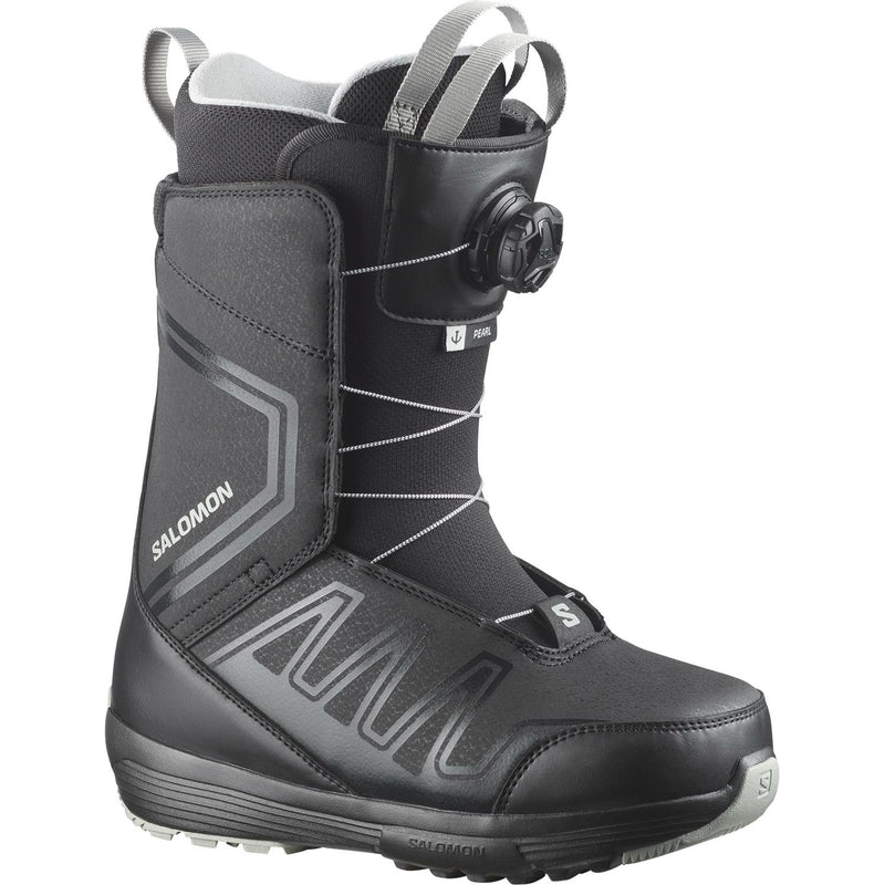 Load image into Gallery viewer, A Salomon Pearl BOA snowboard boot in black and dark gray, featuring a dial closure system and a large stylized 'S' logo on the side, set against a plain white background. Ski and Tennis Station
