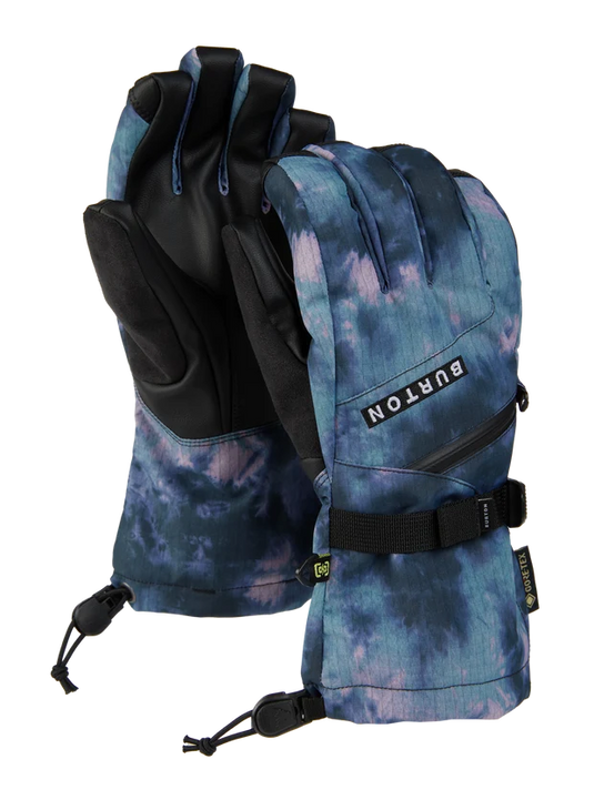 A pair of Burton snow gloves featuring a blue and purple tie-dye pattern on the outer shell and black palms, with a black wrist strap and adjustable drawstrings, shown against a plain white background. Ski and Tennis Station