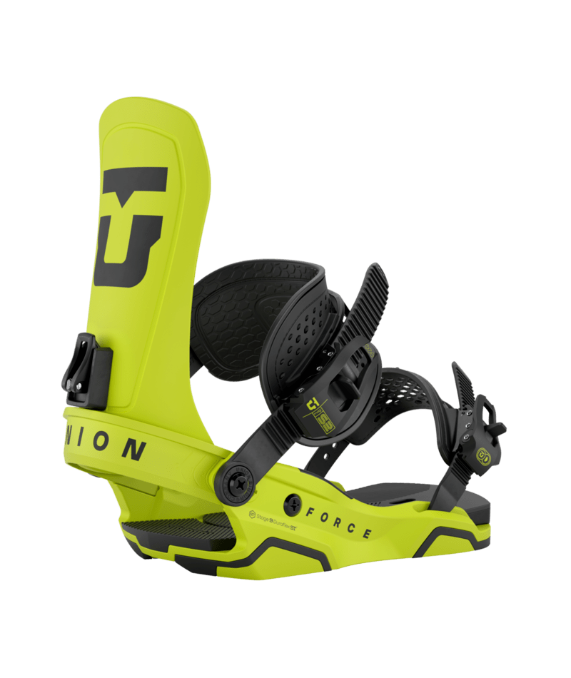Load image into Gallery viewer, A Union Men&#39;s Force Snowboard Binding in a bright yellow color with black details.
