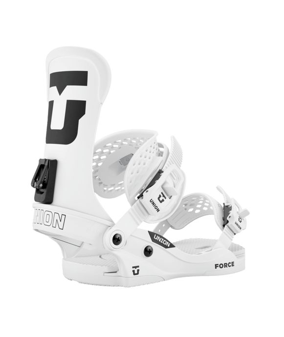 A white Union Men's Force Classic snowboard binding with black details and the Union logo visible.
