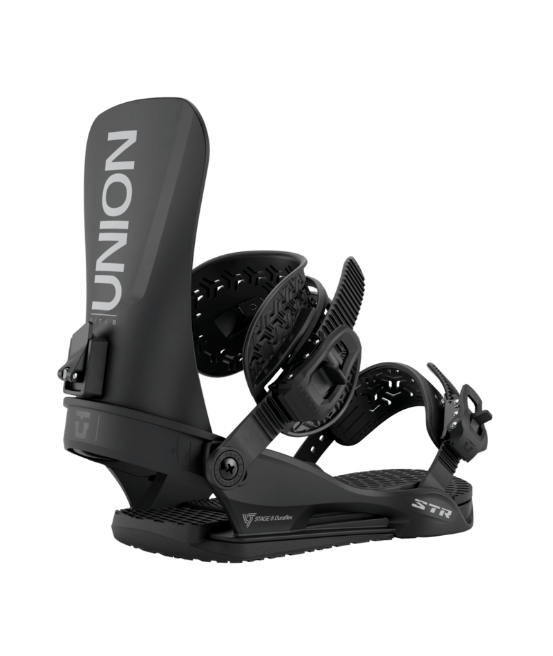 Load image into Gallery viewer, A Union Men&#39;s STR Snowboard Binding in black color featuring a black highback with the Union logo.
