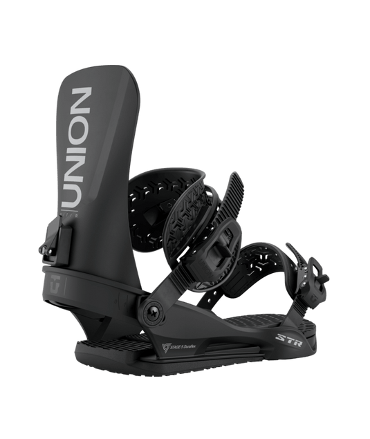 A Union Men's STR Snowboard Binding in black color featuring a black highback with the Union logo.