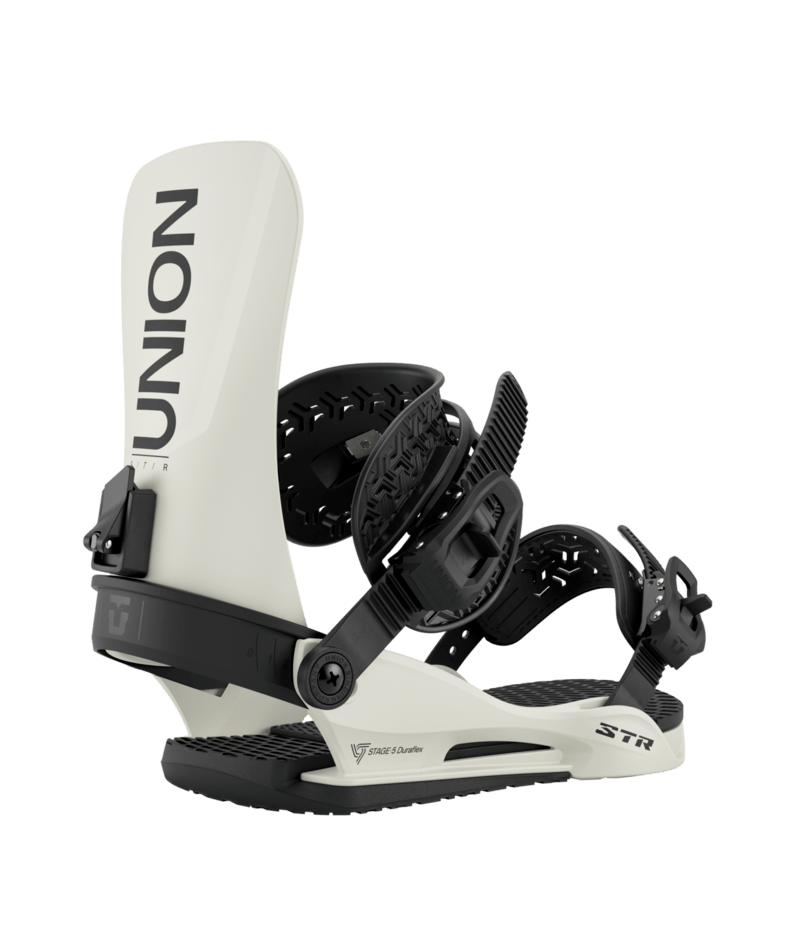 Load image into Gallery viewer, A Union Men&#39;s STR Snowboard Binding in white and black color featuring a white highback with the Union logo.
