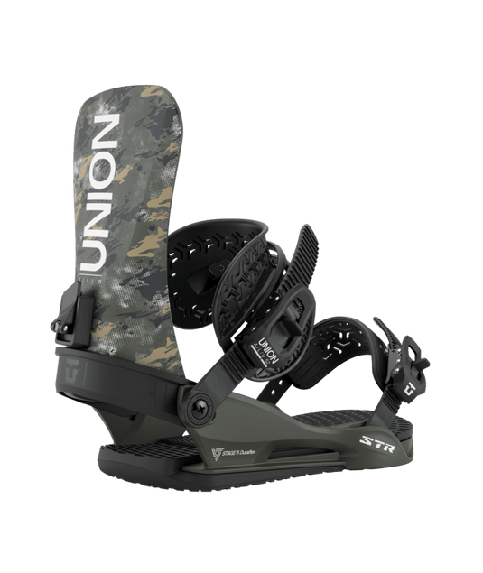 A Union Men's STR Snowboard Binding in olive color featuring a camo highback with the Union logo.
