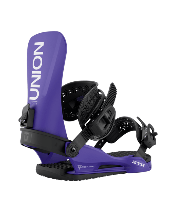 A Union Men's STR Snowboard Binding in blue color featuring a black highback with the Union logo.