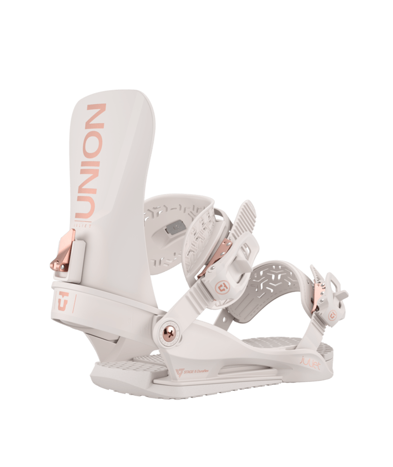 Load image into Gallery viewer, A white Union Juliet snowboard binding with pink and orange details, designed for women.
