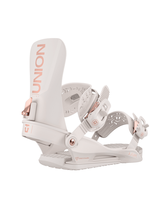 A white Union Juliet snowboard binding with pink and orange details, designed for women.