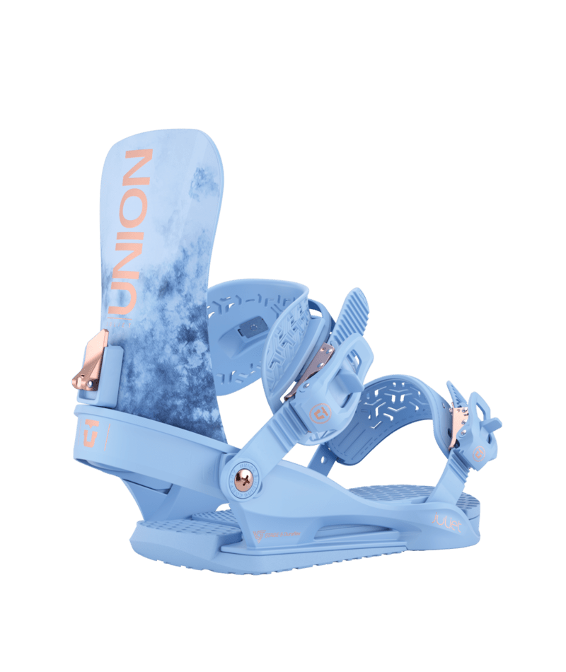Load image into Gallery viewer, A blue Union Juliet snowboard binding with pink and orange details, designed for women.

