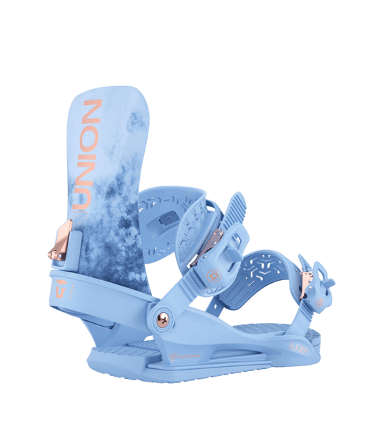 A blue Union Juliet snowboard binding with pink and orange details, designed for women.