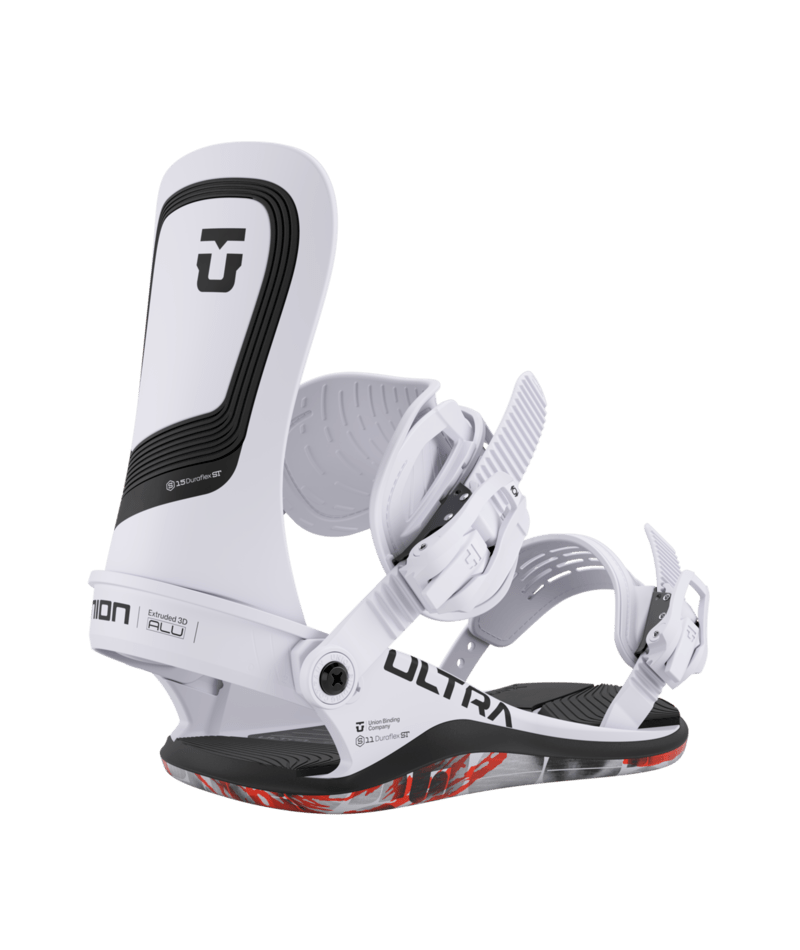 Load image into Gallery viewer, White snowboard bindings with black and red accents on a transparent background
