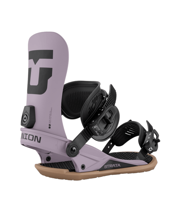 A Union Men's Strata Snowboard Binding in gray color featuring a strap-in shoe binding type, mounted on a wooden baseplate with black details.
